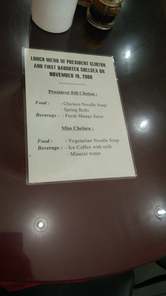 menu of the American president in the pho 2000 in Ho Chi Minh City restaurant
