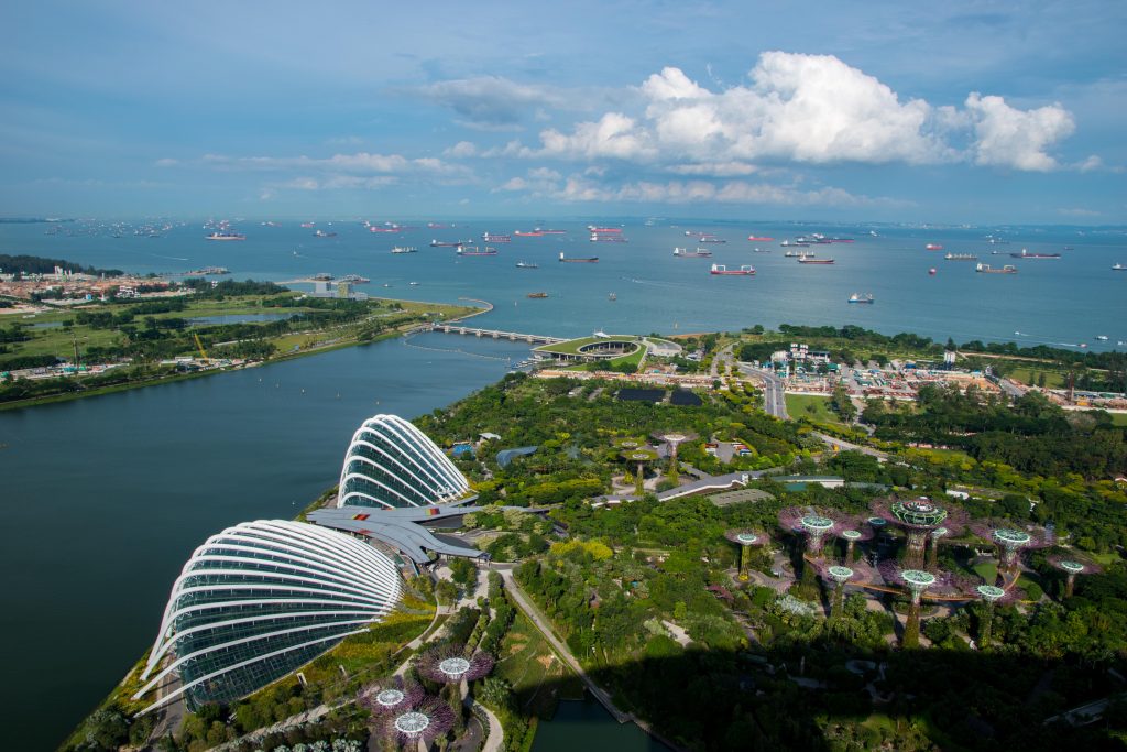 Overlooking the ocean from the top of the Marina Bay Sands to the 57th floor, Singapore