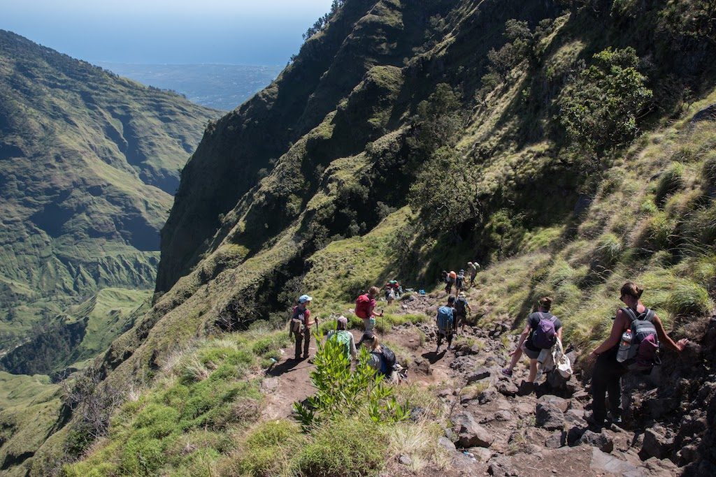Descent to the lake in the crater of the Rinjani volcano on Lombok Island in Indonesia