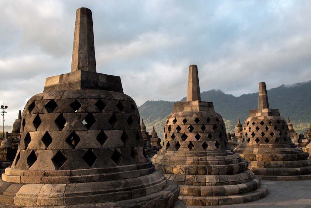 Closed stupas of the Buddhist complex of Borobudur, north of Yogyakarta, Indonesia
