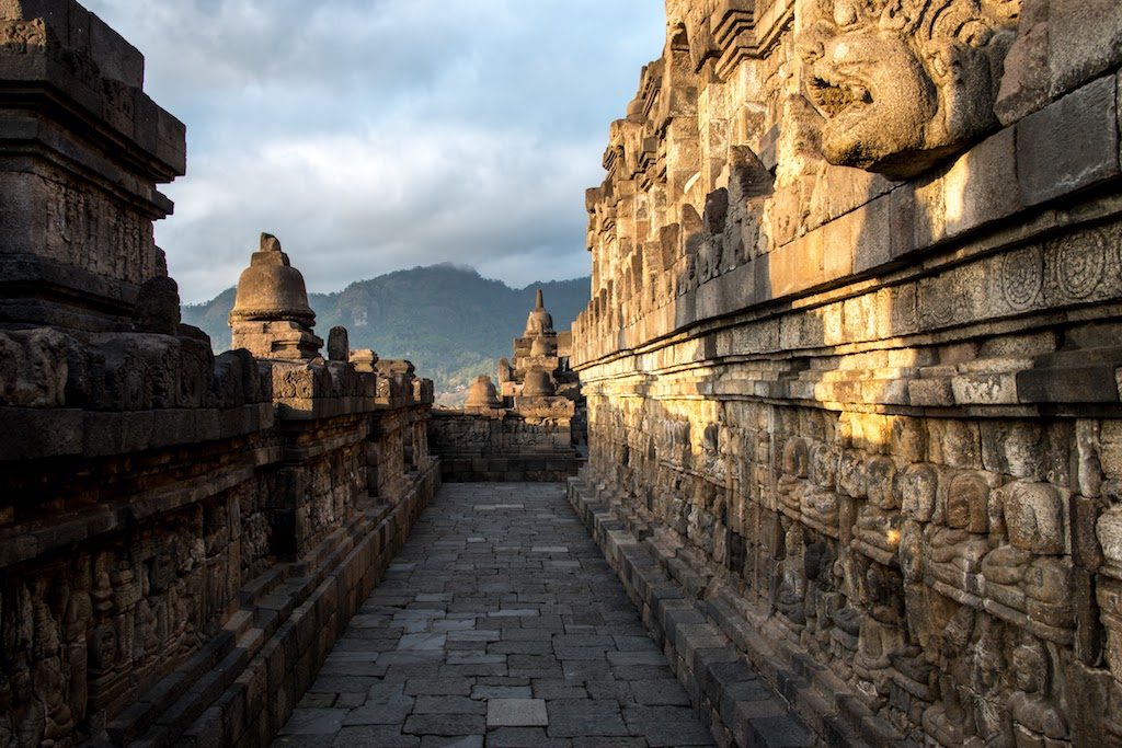 In the alleys of the Buddhist complex of Borobudur, north of Yogyakarta, Indonesia